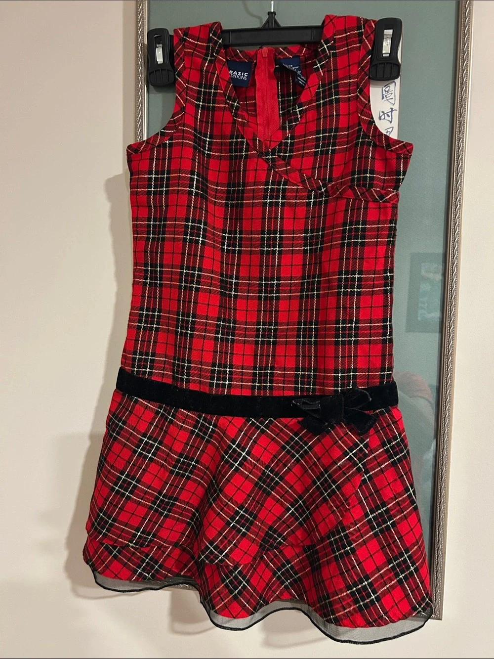 Basic Editions Red Black Plaid Sleeveless Holiday Dress with Velvet Bow
